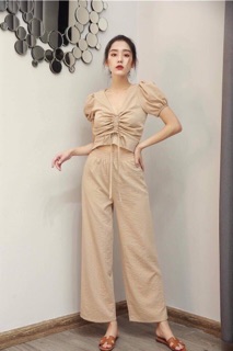 Bộ đũi áo rút dây ngực quần ống rộng chất đũi siêu mát