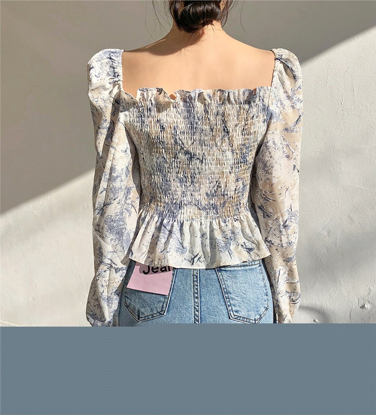 Korean style one-line collar fold design floral long-sleeved shirt women | BigBuy360 - bigbuy360.vn