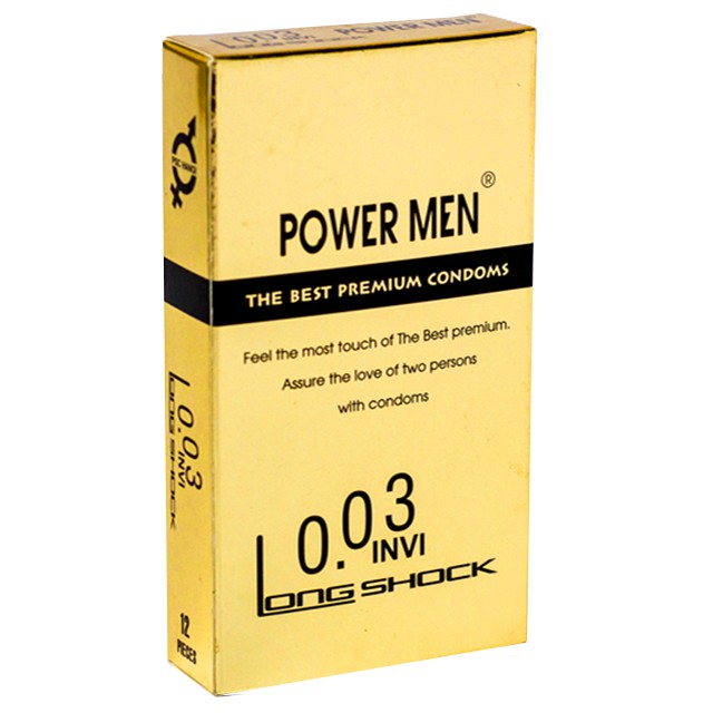 Bao cao su Powermen 003 điệp viên tàng hình  siêu mỏng, kéo dài Hộp 12 chiếc -  Bao cao su Powermen 0.03 INVI Longshock