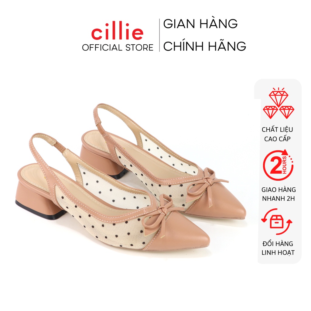 Giày sandal nữ mũi nhọn thanh lịch phối lưới chấm bị độc đáo mới lạ gót cao 4cm đi chơi dao phố Cillie 1044