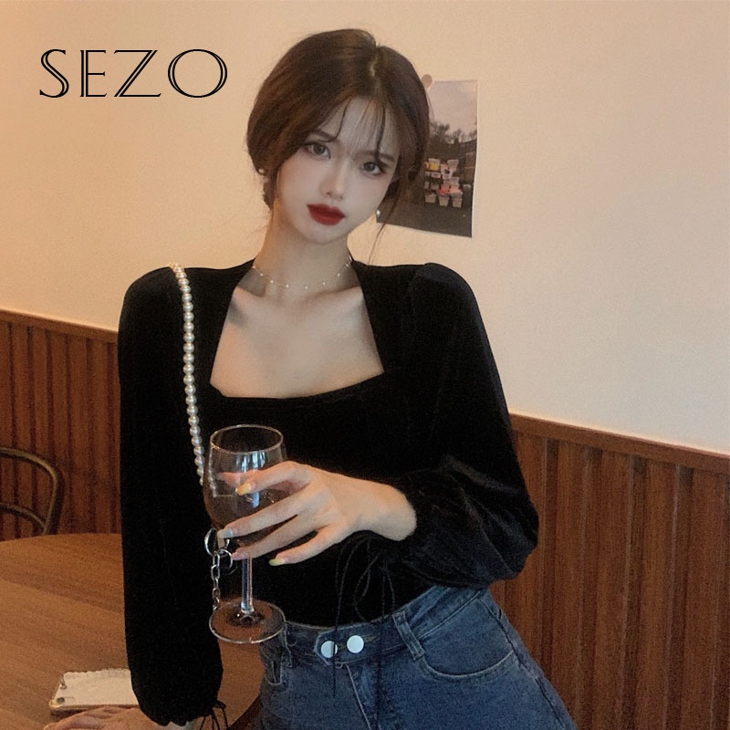 QKOOLE  Áo Kiểu Tay Dài Cổ Vuông Phong Cách Retro Hàn Quốc Thời Trang Cho Nữ