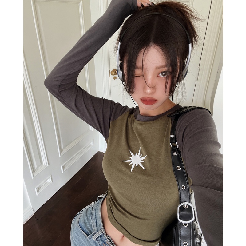 Áo Thun Tay Dài Dáng Ôm In Họa Tiết Màu Sắc Tương Phản Thời Trang Mùa Thu