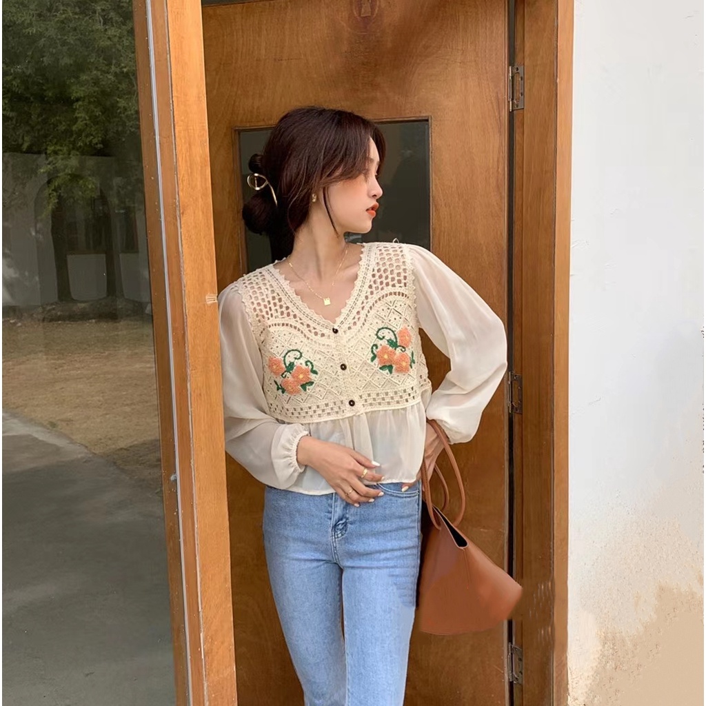 SUXI Áo Sơ Mi Nữ Tay Dài Thêu Hoa Phong Cách Hàn Quốc
