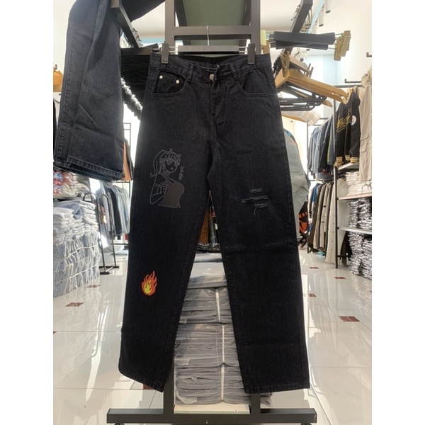 QUẦN JEANS ỐNG RỘNG NAM NỮ T-A-N DÁNG SUÔNG PHONG CÁCH HÀN QUỐC-QJI021-THỜI TRANG UNISEX-Full size hình in,màu đen