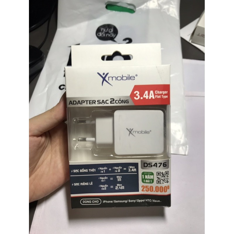 [CHÍNH HÃNG] Full Box New 100% Củ Sạc 2 Cổng 3.4A Xmobile DS476 Trắng cho Iphone Samsung Sony Oppo HTC Asus Vsmart