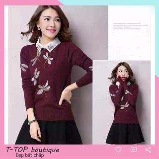 Áo len nữ hàng Quảng Châu cao cấp, áo len cổ bẻ đính đá sang trọng