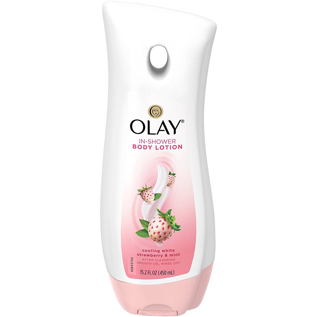Dưỡng thể cho da khô dùng khi tắm Olay in shower Body Lotion Cooling White Strawberry &amp; Mint 450ml (Mỹ)