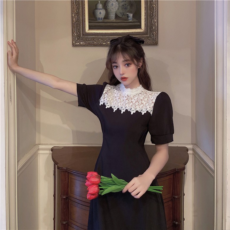 Đầm maxi đen tay ngắn eo thon gọn phối ren trắng cổ tròn ulzzang
