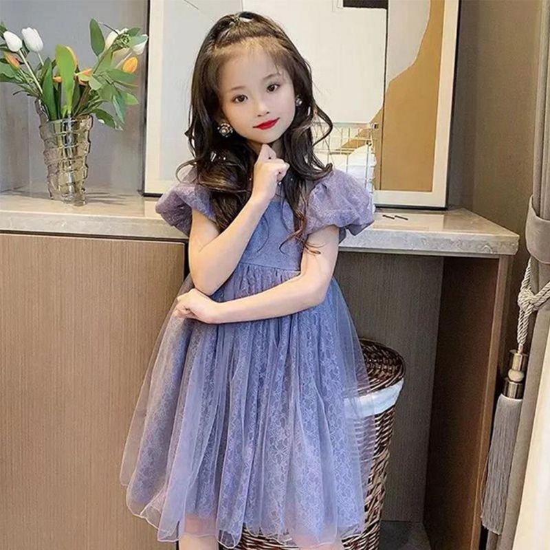 Đầm Công Chúa Tay Phồng Phối Lưới Đính Nơ Đáng Yêu Cho Bé Gái