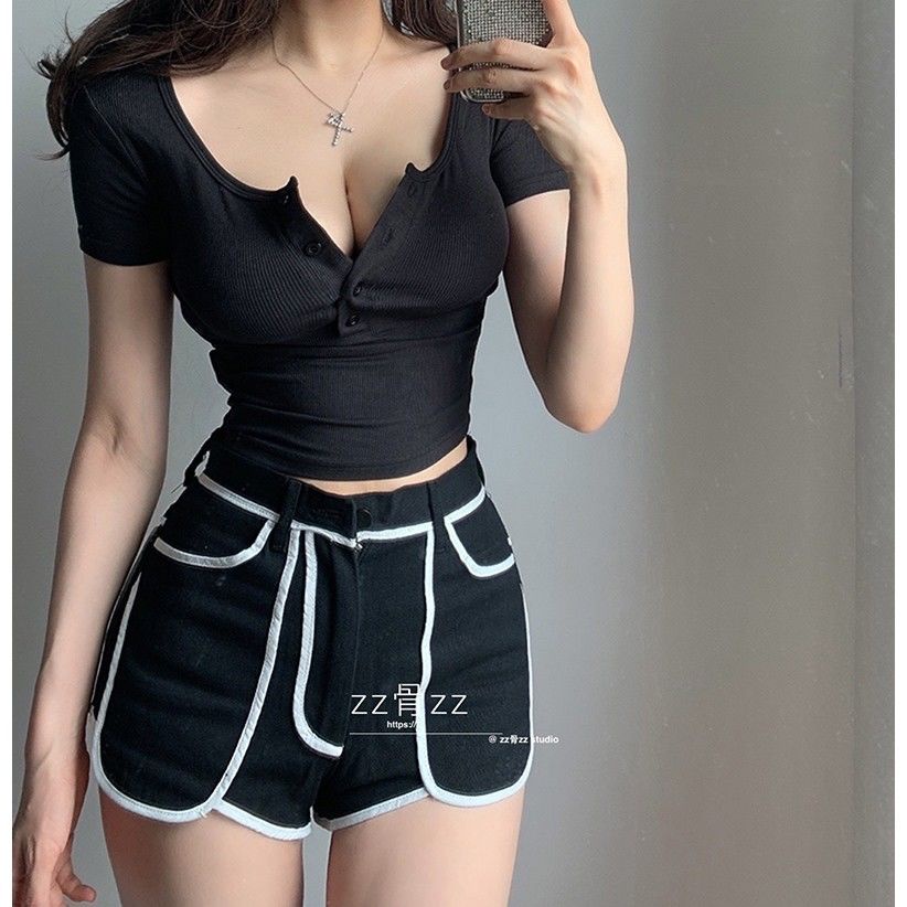 Áo Thun Tay Ngắn Cổ Chữ V Cài Nút Màu Trơn Phong Cách Âu Mỹ Thời Trang Cho Nữ 9SAA