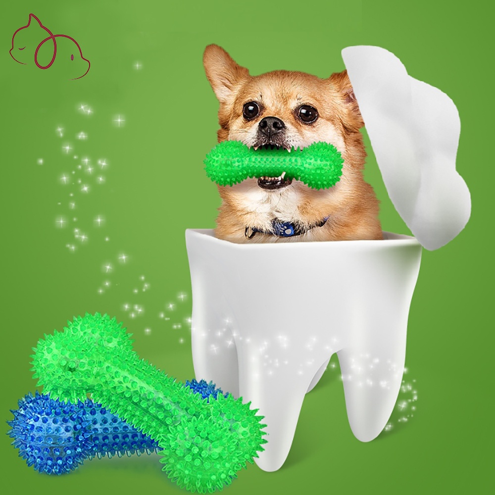 Đồ chơi chó mèo hình xương silicon - Đồ chơi gặm cho chó mèo hình xương tạ gai có kèn kêu