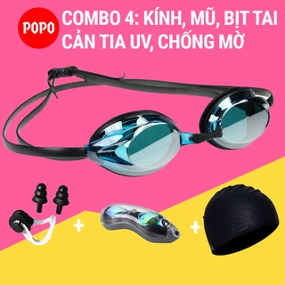 Kính bơi người lớn, kính bơi tráng gương kèm mũ bơi trơn, bịt tai kẹp mũi cho nam nữ, trẻ em cho bé từ 6 tuổi