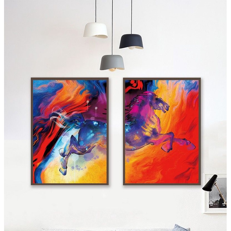 Tranh 2 bức ngựa phong thuỷ cao cấp trang trí phòng khách phòng ngủ khách sạn kèm khung - Melyhome Decor