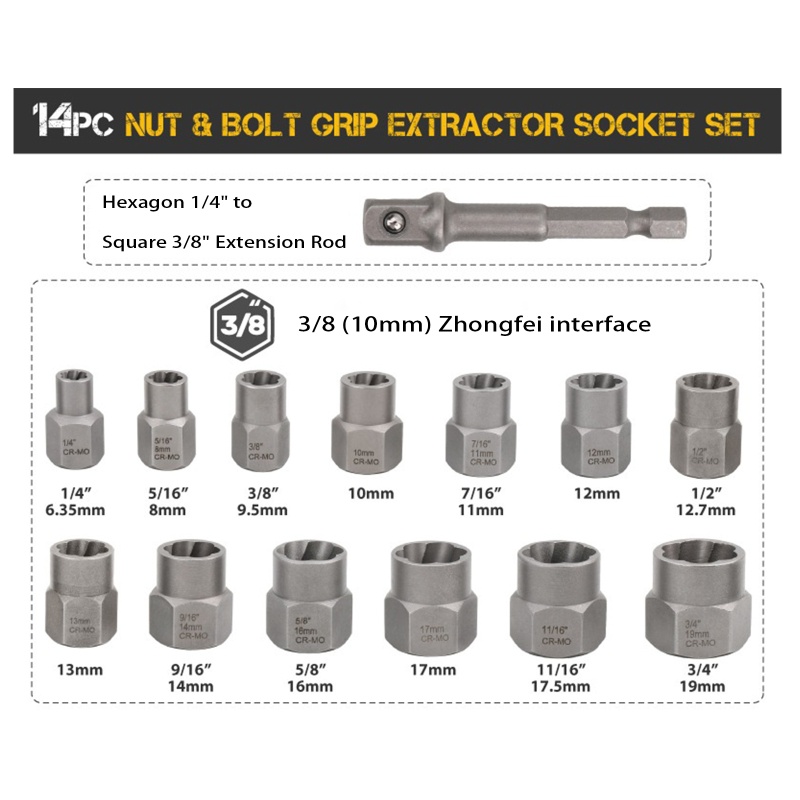Bộ 14 Dụng Cụ Tháo Bu Lông Ốc Vít Bằng Thép Cr-Mo Có Hộp Đựng Màu Trơn Cho Công Nghiệp