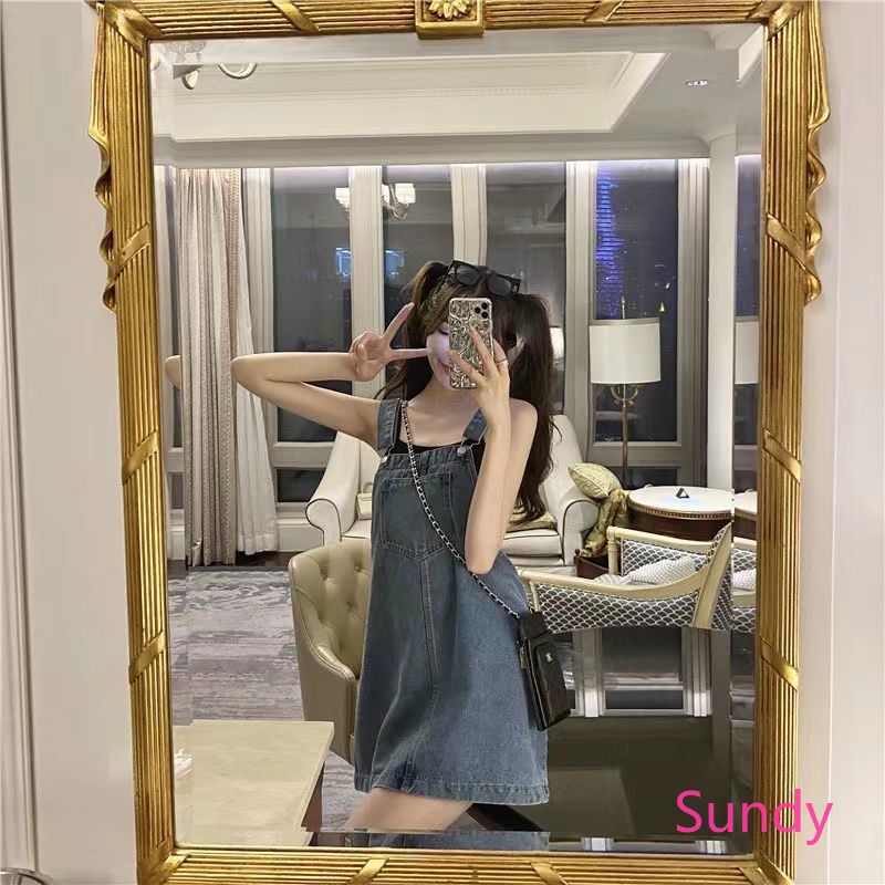 Đầm Yếm Denim Lưng Cao Dáng Rộng Thời Trang Mùa Hè Phong Cách Vintage Hàn Quốc Cho Nữ