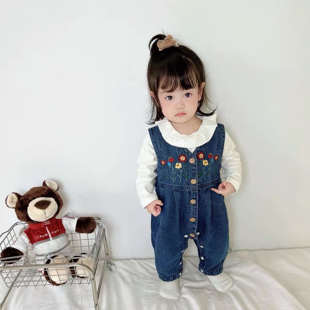 Bộ Áo Khoác Denim Dáng Rộng + Quần Yếm Denim Thời Trang Mùa Thu Hàn Quốc Cho Bé Gái