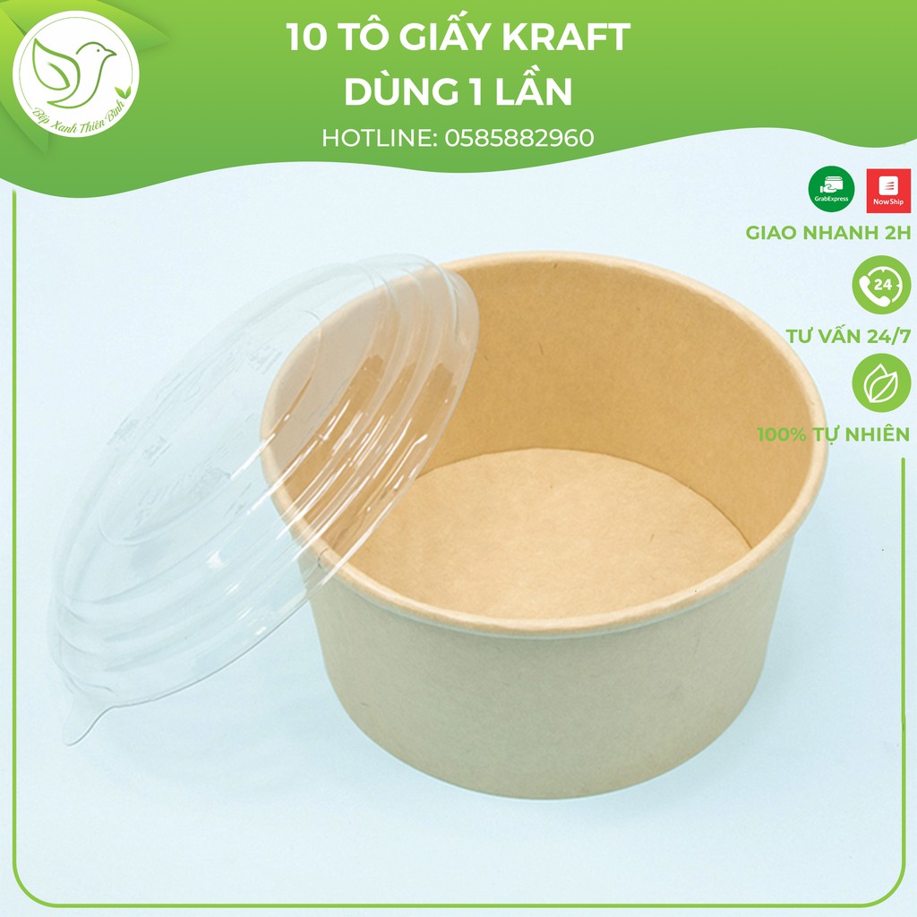 10 Tô giấy dùng một lần Kraft đựng thức ăn, salad, bông lan trứng muối chịu nhiệt kèm nắp PP cao cấp