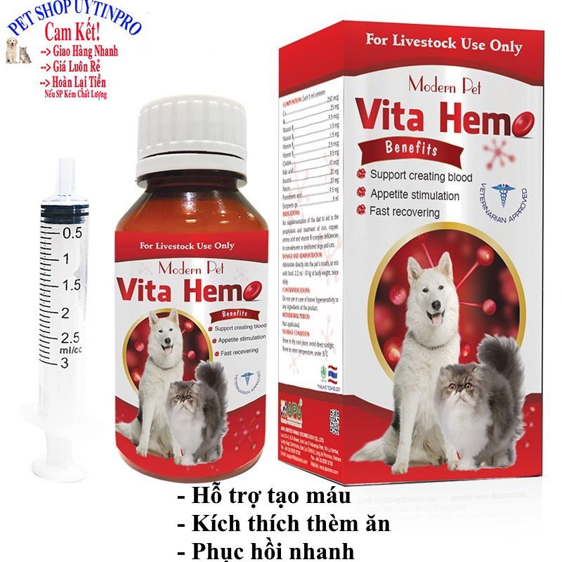 Vita Hem Hỗ trợ tạo máu Kích thích thèm ăn Phục hồi nhanh CHO THÚ CƯNG CHÓ MÈO Chai 100ml Thương hiệu Thái lan