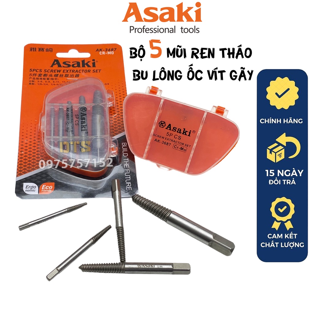 Bộ 5 mũi ren lấy bu lông, ốc vít gãy Asaki AK-3687, bộ mũi vít nhổ ốc gãy toét thép Cr-Mo cao cấp, siêu cứng, siêu bền