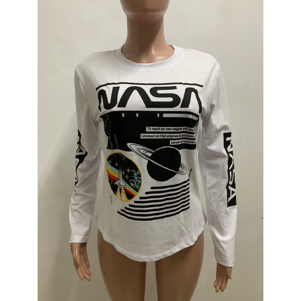Ins Style Hot Women Slim Nasa Letter Print Tops Round Neck Long Sleeve Tshirt