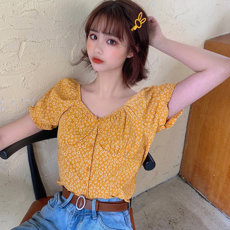 Áo Croptop Vải Voan Hoạ Tiết Hoa Thiết Kế Trễ Vai Quyến Rũ | BigBuy360 - bigbuy360.vn