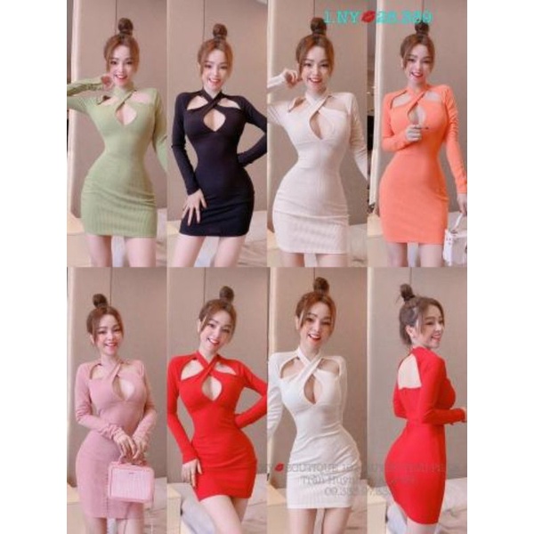 Đầm Thun Cổ Yếm Choàng Xoắn Dây - Khoét Hở Ngực Hở Lưng - Có Mút Ngực - Tay Dài Dáng Ngắn - Form Ôm Body Sexy