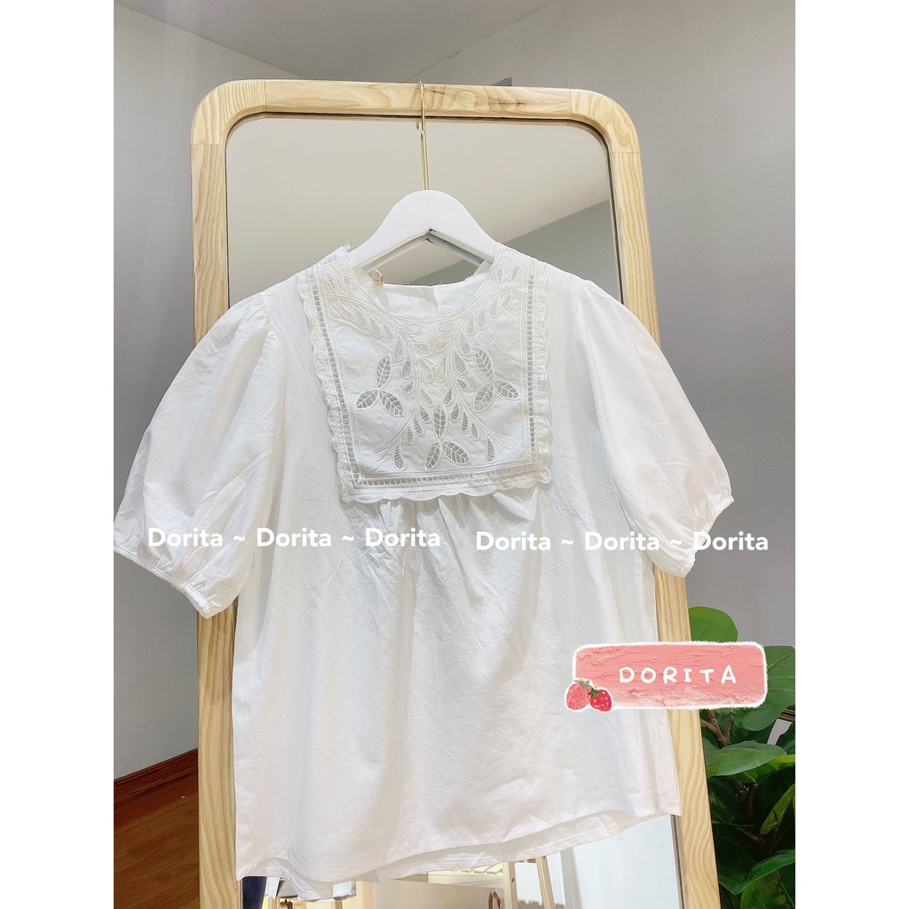 Áo sơ mi trắng thêu hoa cộc tay Áo sơ mi trắng vintage hàng Quảng Châu - Dorita Boutique