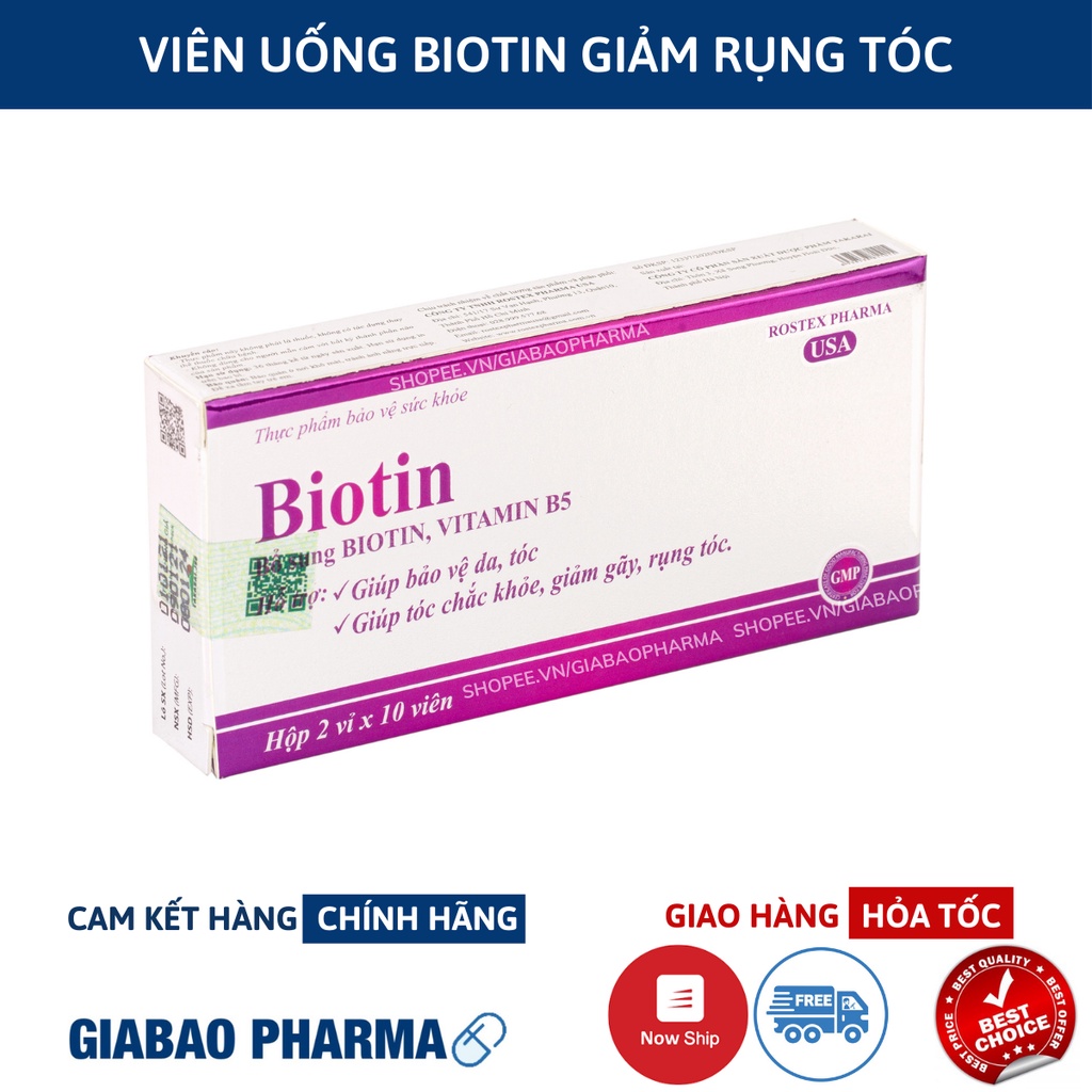 Viên uống bổ sung Biotin, Vitamin B5 giúp tóc chắc khỏe, giảm gãy rụng tóc - Hộp 20 viên