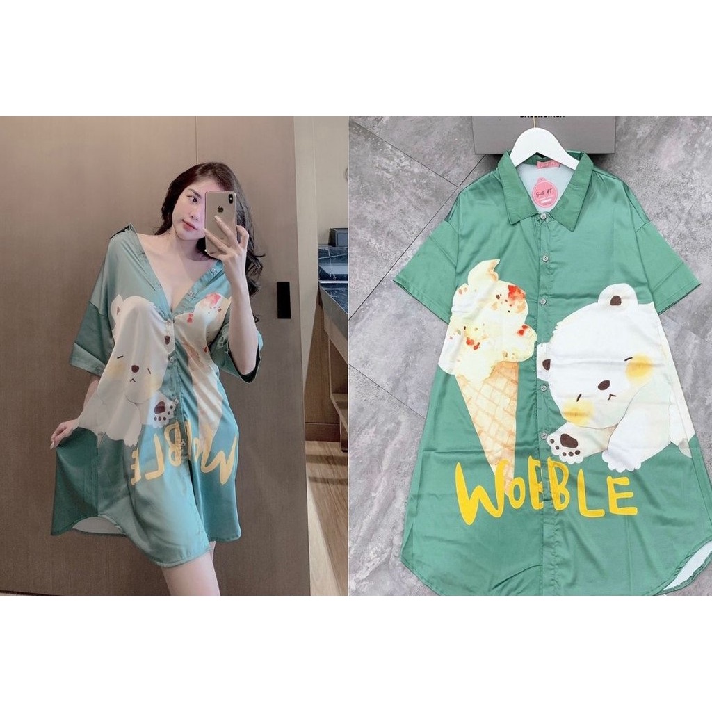V030 Váy ngủ sơ mi lụa satin form rộng nữ sang chảnh mặc nhà pijama họa tiết Đầm bầu pizama tay ngắn cổ bẻ cài cúc
