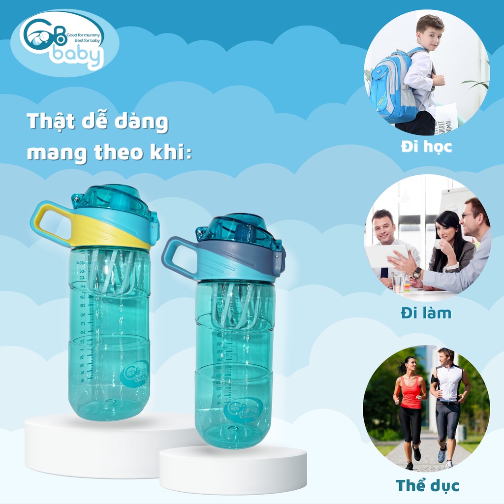 Bình uống nước Tritan GB Baby 480ml dùng đi học đi làm tập thể dục dành cho đối tượng từ 6 tuổi trở lên