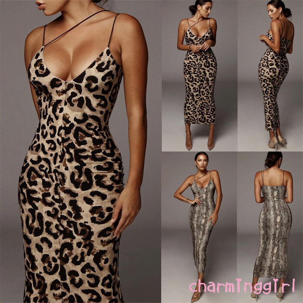 Đầm maxi cổ chữ V in họa tiết da báo gợi cảm cho nữ