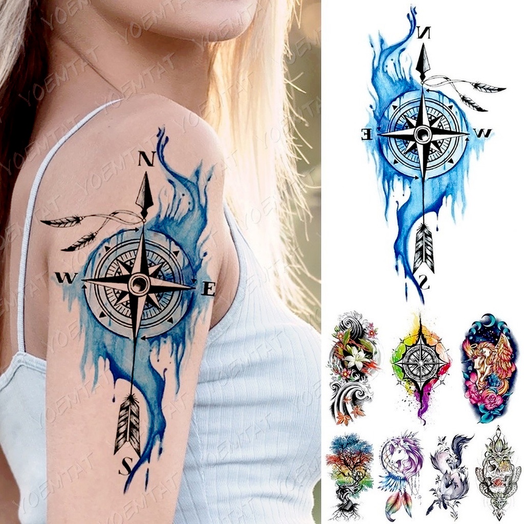 Miếng Dán Hình Xăm Tạm Thời Hình La Bàn Mũi Tên Kỳ Lân Cây Xanh Chống Thấm Nước Cho Nam Và Nữ