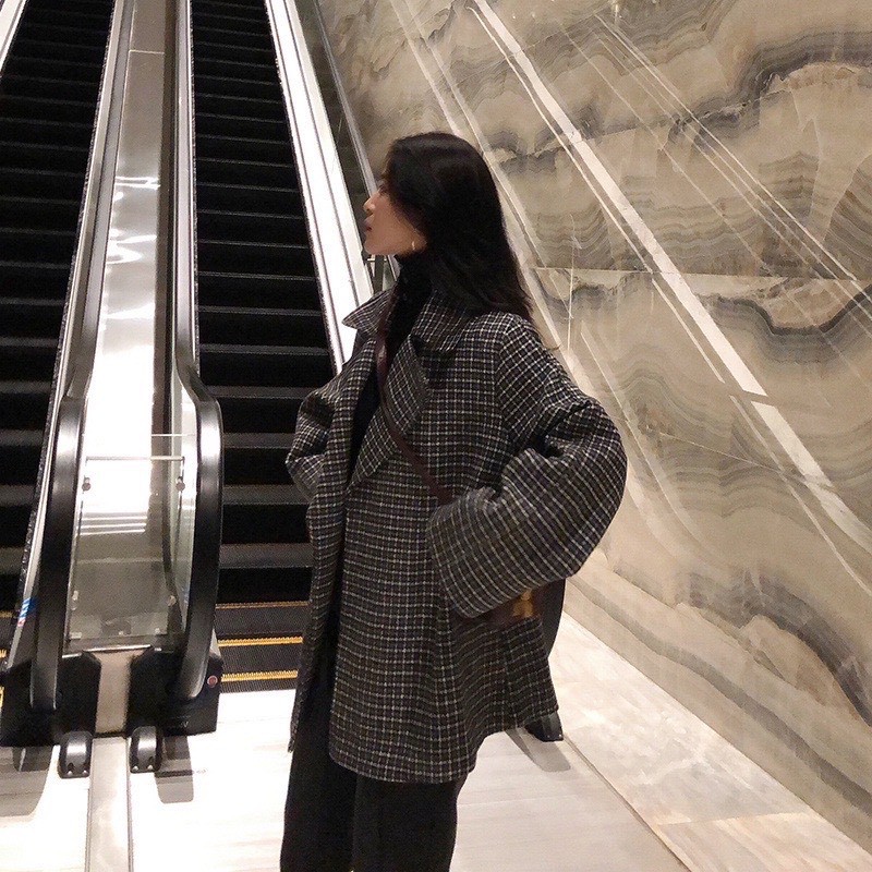 [Ảnh thật] Áo khoác dạ kẻ dáng rộng phong cách Hàn Quốc có kèm đai buộc