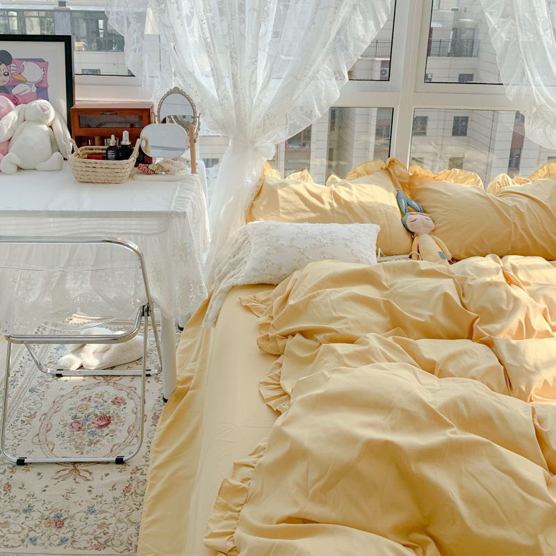 Bộ chăn ga gối Viền bèo đáng yêu cotton tici, drap bánh bèo Hàn quốc - Màu vàng chanh.