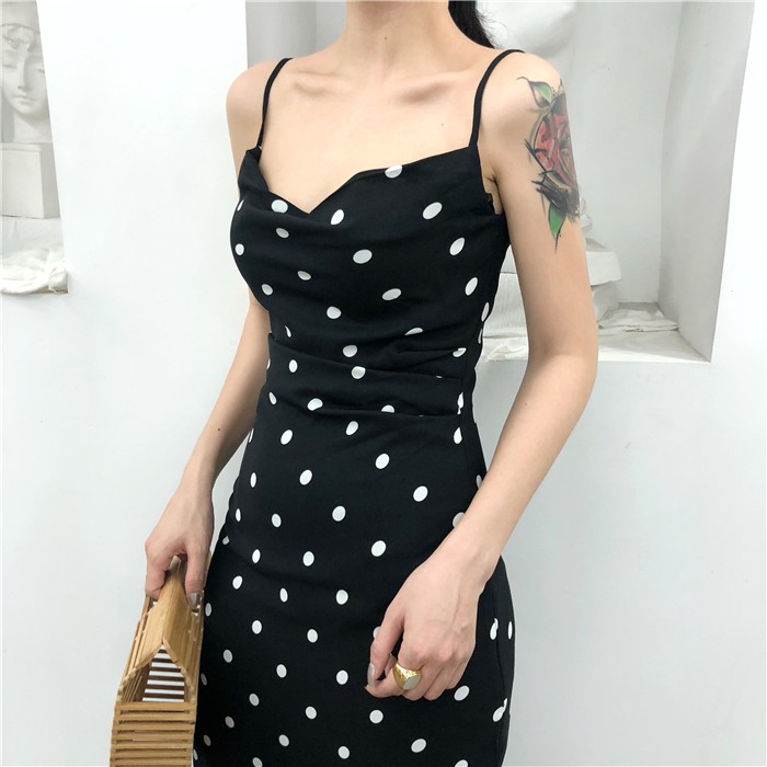 Đầm Maxi Xẻ Tà Chấm Bi Cổ Đổ Sexy Tôn Dáng