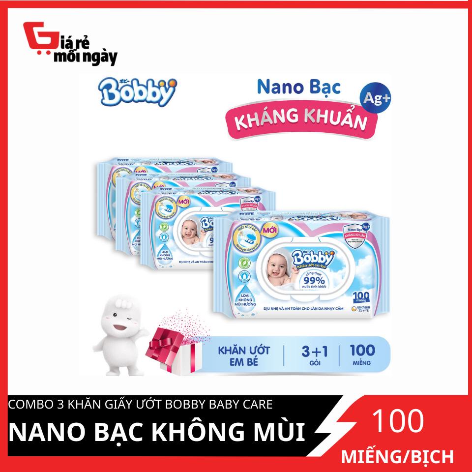 Combo Tiết Kiệm 3 Gói Khăn Ướt Bobby Care Không Hương 100 Tờ/Gói - Tặng 1 Gói Cùng Loại 80 miếng