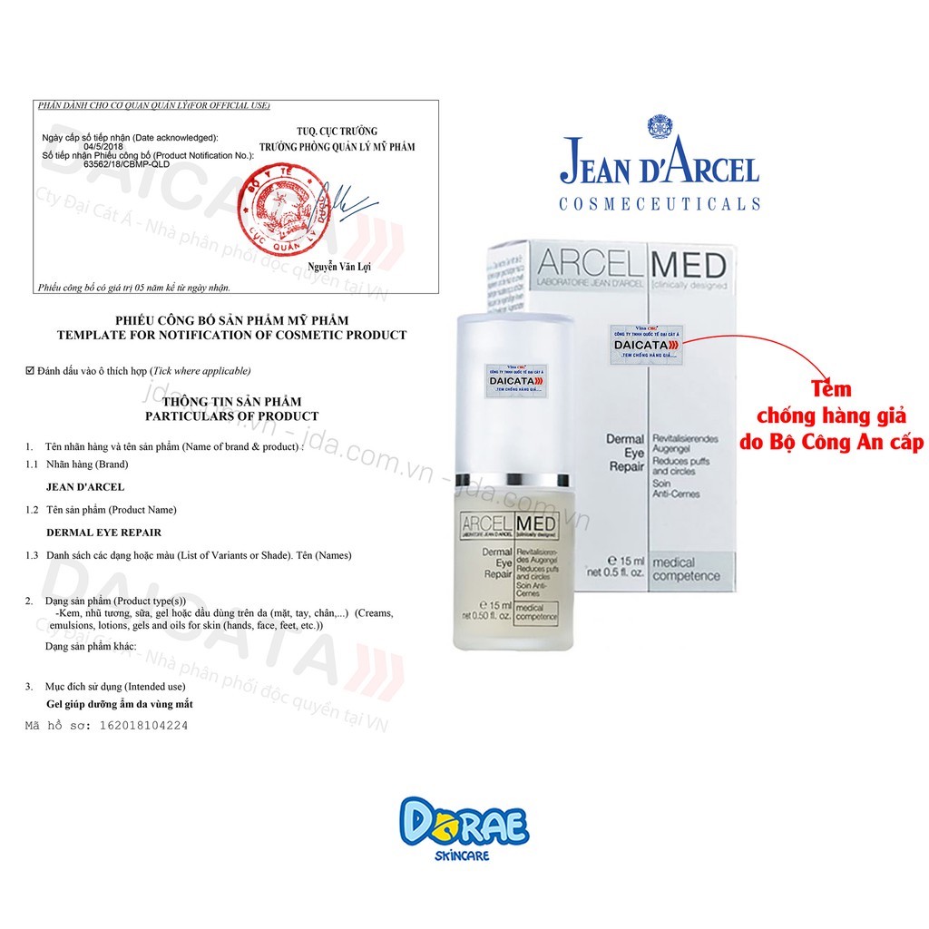 Siêu Cấp Chính Hãng ✅ Gel giúp giảm quầng thâm bọng mắt Jean D’Arcel Dermal Eye Repair (15ml)