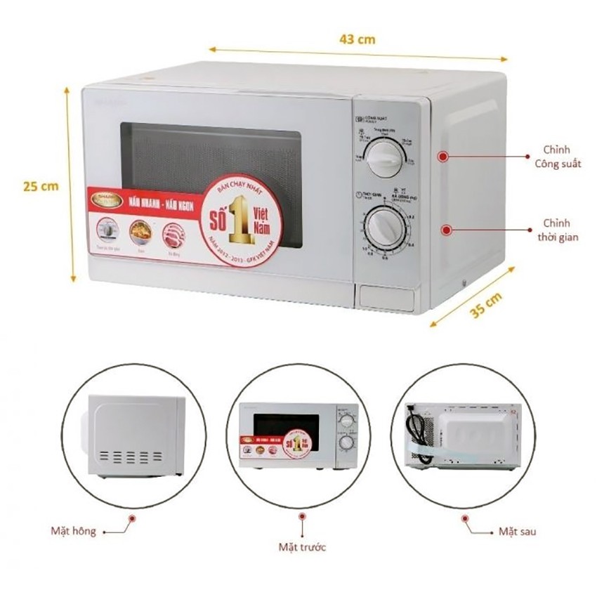 [Mã ELHADEV giảm 4% đơn 300K] Lò vi sóng Sharp R-201VN-W dung tích 20 Lít - 800W.