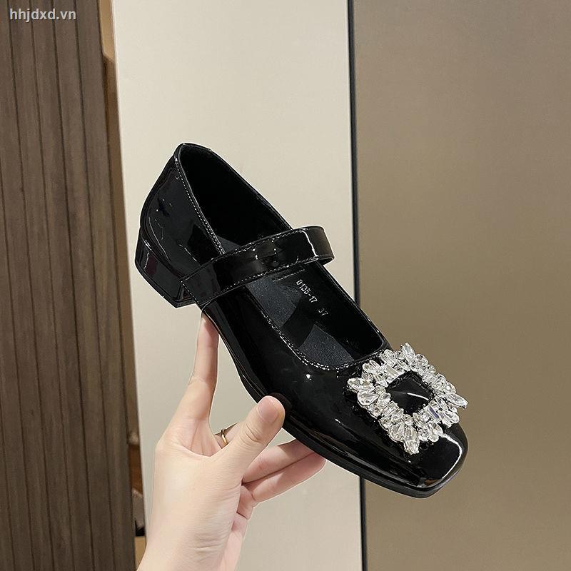 Giày mũi vuông đính đá phong cách retro thời trang mùa đông 2022 dành cho nữ