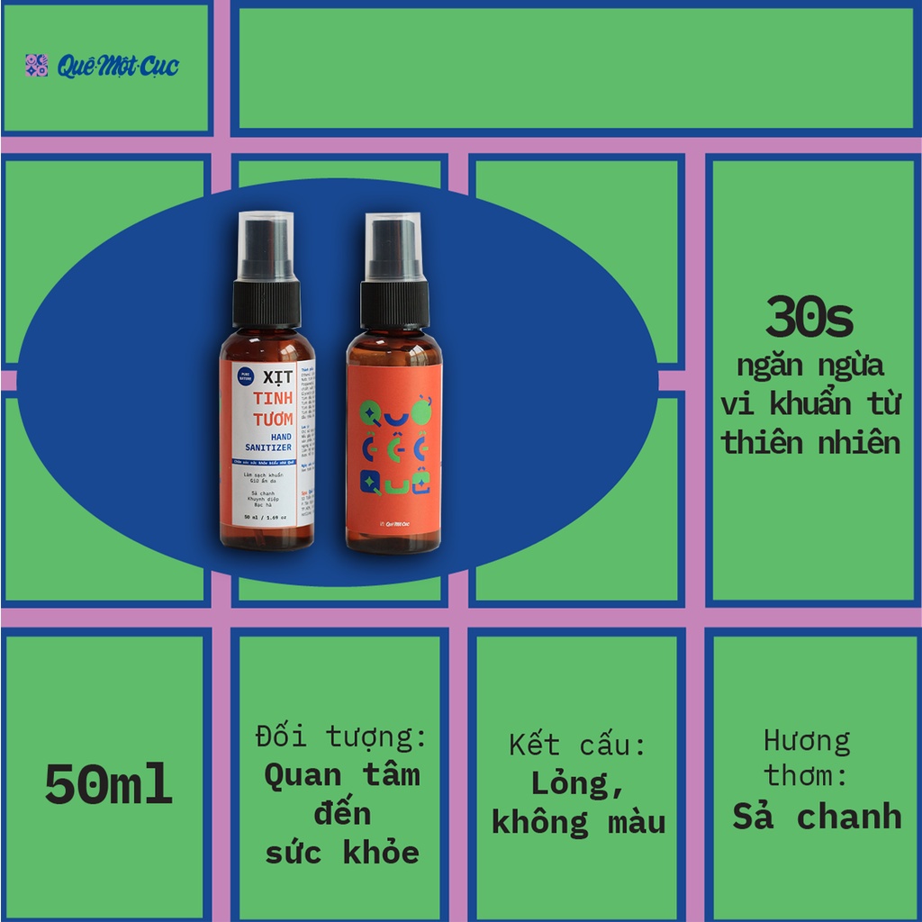 Xịt rửa tay tự nhiên, làm sạch vượt trội, không khô da chai 50ml Quê Một Cục - handmade