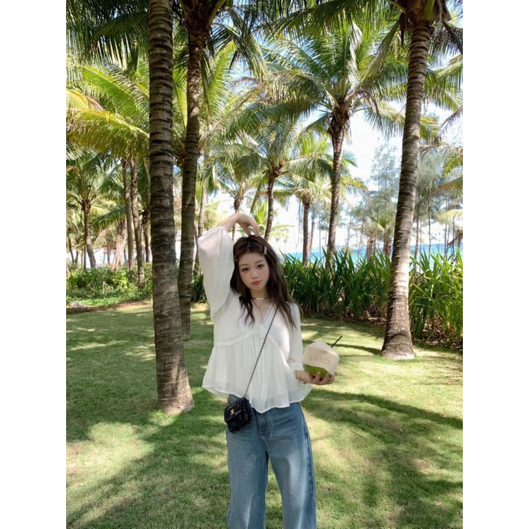Áo Sơ Mi chiffon Mỏng Tay Dài Cổ Chữ v Phối Ren Phong Cách Hàn Quốc Mới Dành Cho Nữ