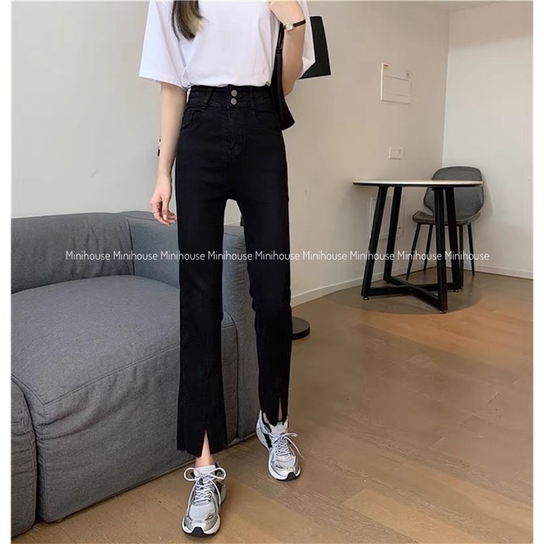 Quần jean cạp cao ống đứng xẻ giữa 2 màu đen xanh