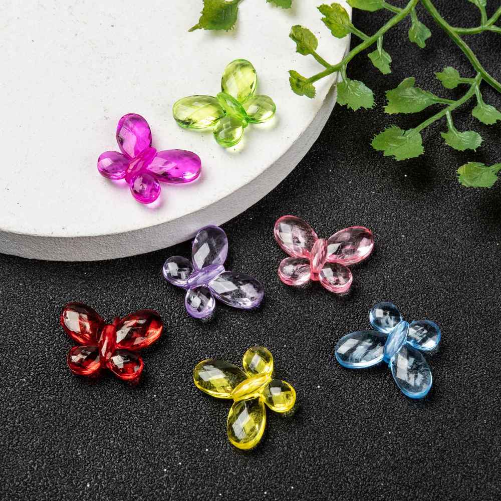 Set 100 hạt nhựa acrylic trong suốt hình bướm nhiều màu 17x13 x 5mm lỗ xỏ 2mm