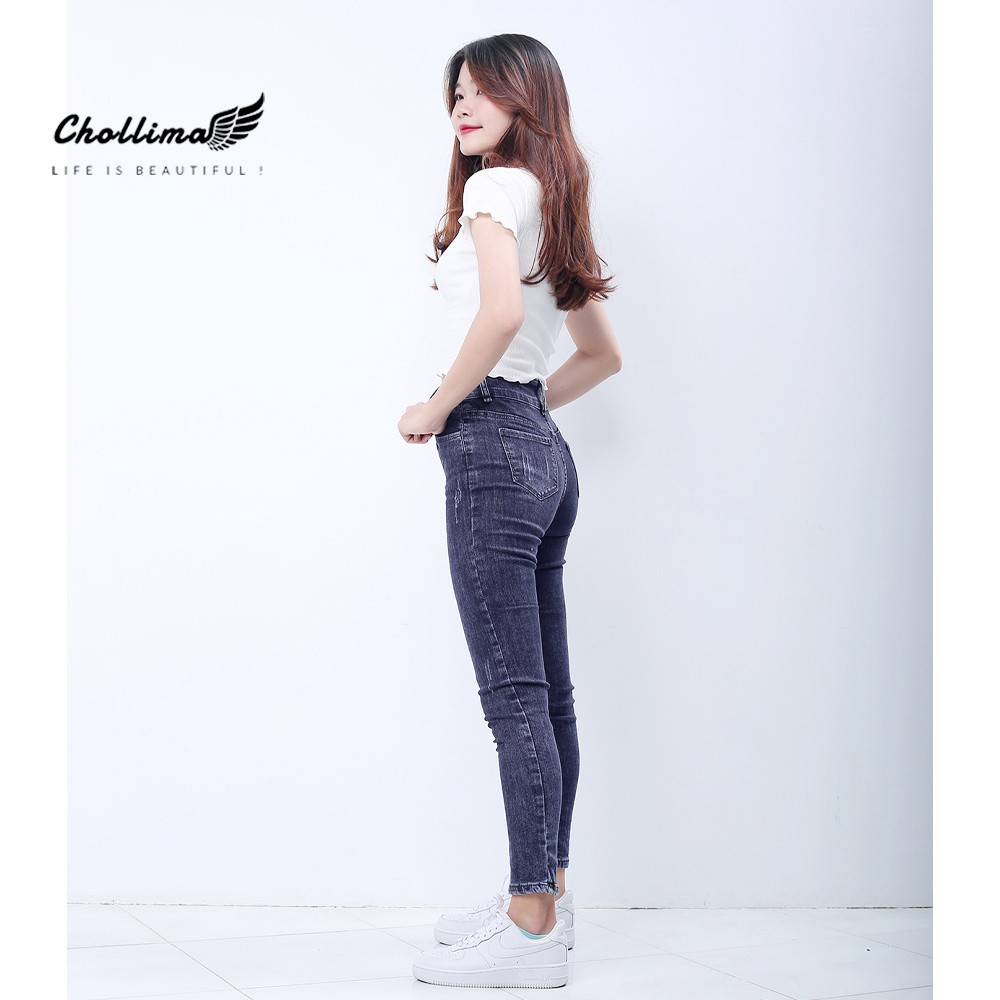 Quần jeans nữ co giãn Chollima cạp siêu cao mài xước màu xanh xám QD038 phong cách trẻ trung năng động