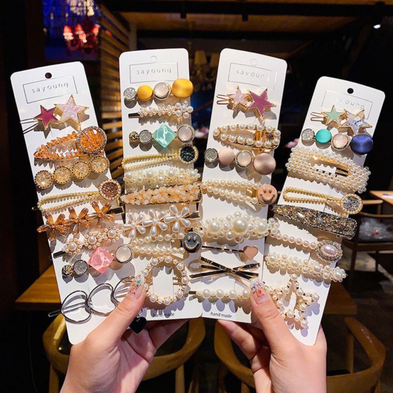 Set 3-5 kẹp tóc kim loại đính hạt kèm túi đựng