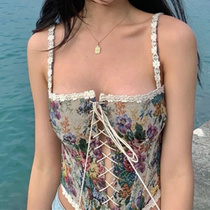 XIXI Áo croptop hai dây in hoa gợi cảm cho nữ