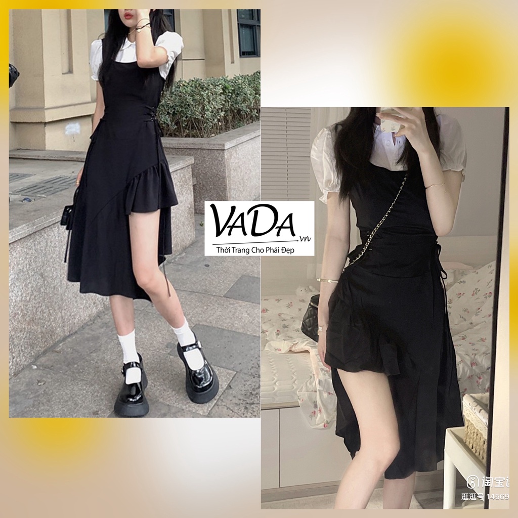Sét bộ váy yếm (2 MÓN) áo sơ mi + váy đầm eo đan dây cá tính -Thời Trang VADA (S305)