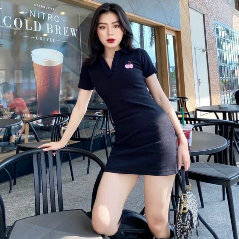 Váy Polo Ôm Body Tay Ngắn xinh Yêu Đầm thun body ôm 2 màu đen trắng vải thun bozip mềm mịn | BigBuy360 - bigbuy360.vn