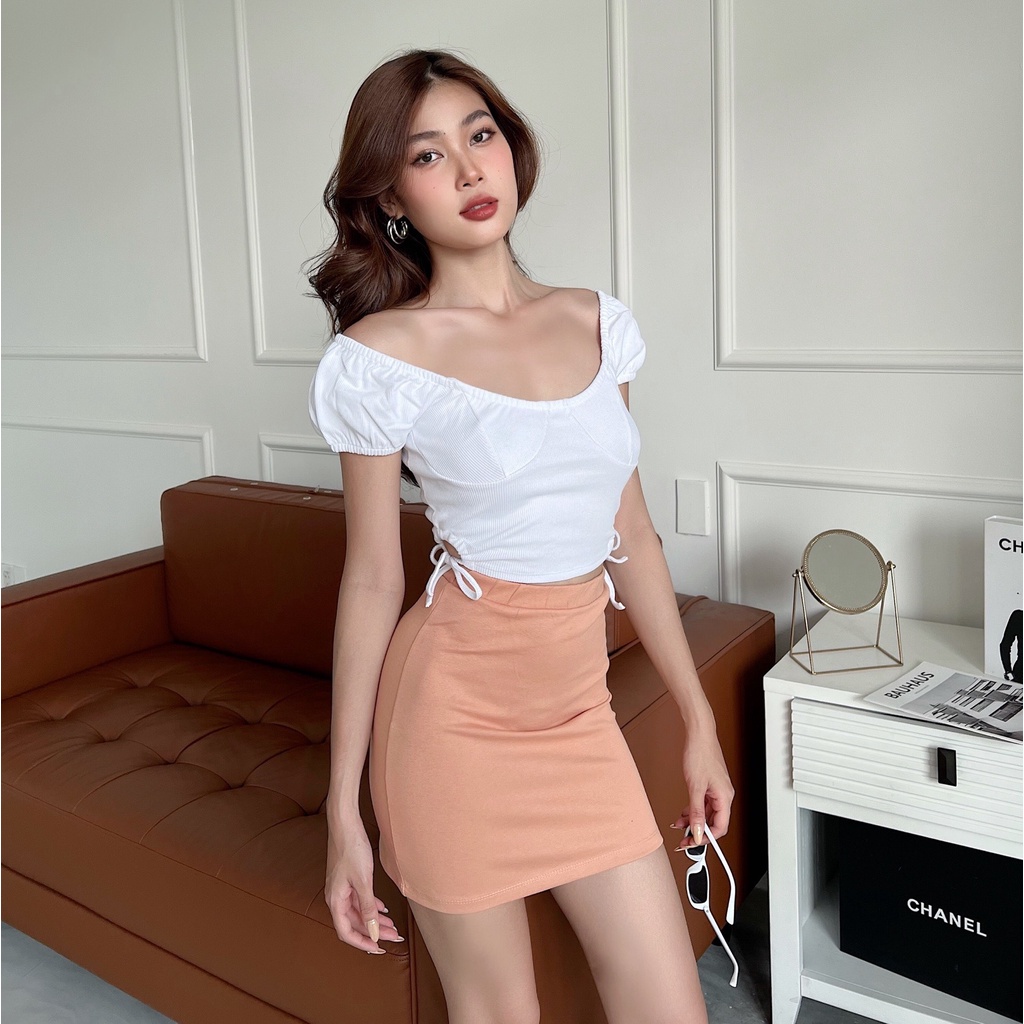 Áo croptop nữ body trễ vai TOPTIFY cúp ngực khoen dây rút hai bên eo New For You Top AC244