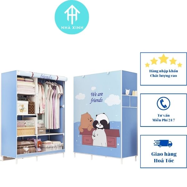 Tủ vải đựng quần áo cao cấp 3D 2 buồng 6 ngăn hoạ tiết 3 chú gấu